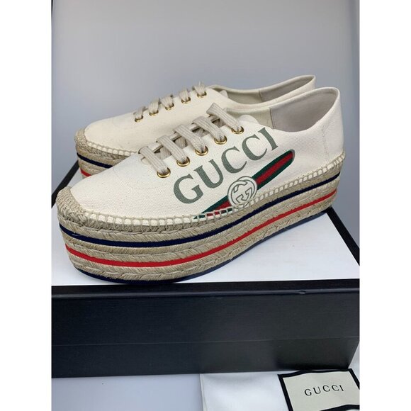 NIB Gucci Women's Platform Espadrilles with logo In White Size 38.5 - Picture 5 of 11